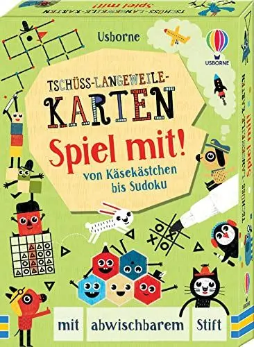 Produktbild: Tschüss-Langeweile-Karten: Spiel mit!: von Käsekästchen bis Sudoku – mit abwischbarem Stift (Tschüss-Langeweile-Reihe)