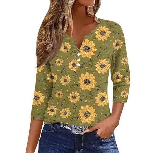 Produktbild: T-Shirts für Damen Bluse Damen Langarm Long Tshirt Damen Sommer Blusen Damen Leicht Shirt Damen 3/4 Arm Safari Kleidung Damen Damen Satin Bluse T Shirt Weiß Damen Hemden Gelb XL