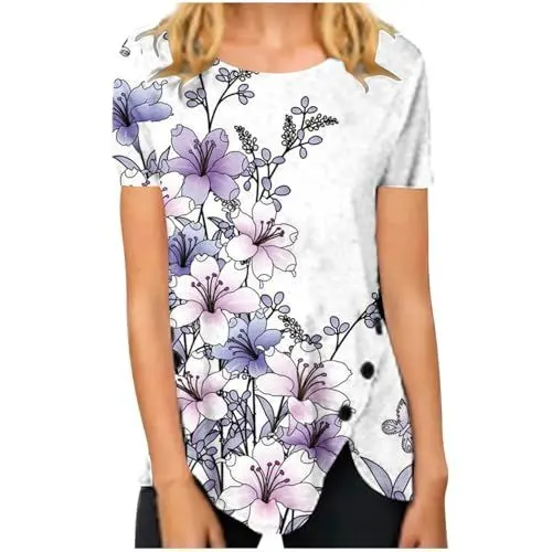 Produktbild: T-Shirt Damen Kurzarm Übergroße Baseball T-Shirts Tunika Tops Damen Sommer Rundhals Retro Blumendruck Unregelmäßiger Saum Lockeres Freizeitoberteil Pom Shirt (Weiß L)