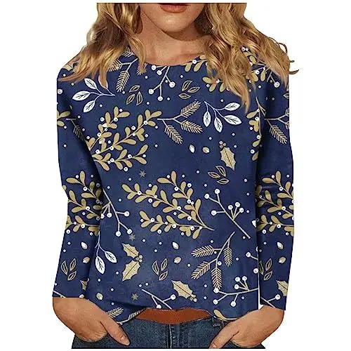 Produktbild: T-Shirt Damen Langarm Rundhals Damenblusen Langarm Blumen Damen Shirts Langarm Bunt Langarmbluse Bunt Bluse Damen Elegant Blumen Shirt Damen Langarm Damenblusen Langarm Tops Blau L