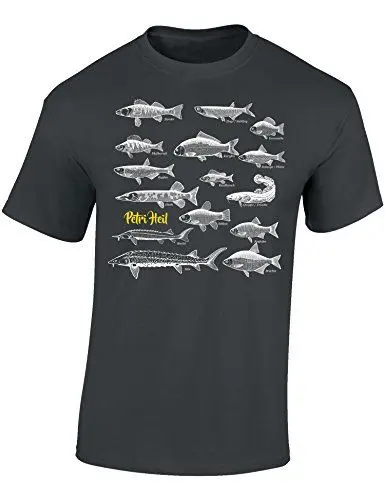Produktbild: T-Shirt: Fische Petri Heil - Geschenk für Angler - Anglerbekleidung Herren - Angelkleidung Männer - Angel - Anglerin - Fishing - Fisch - Grau - Army - Spruch - Motiv - Lustig, Dunkelgrau, S