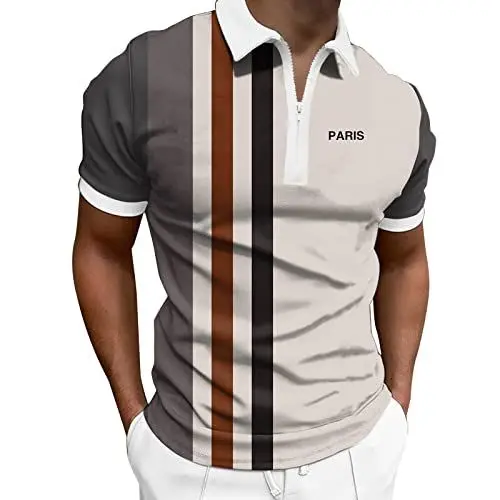 Produktbild: T-Shirt Shirt Top Herren Frühjahr und Sommer Mode Revers Reißverschluss Kurzarm Bedruckt (M,6Khaki)