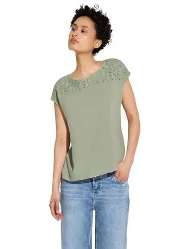 Produktbild: STREET ONE Damen A321490 T-Shirt mit Häkelstruktur, Soft Moss Green, 42