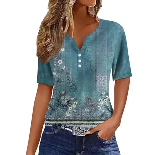 Produktbild: Tshirt Damen Batik Kurzarmoberteile Für Damen T Shirts Für Damen Blusen Für Damen Damen T-Shirt Kurzarm T-Shirt Für Mädchen Hellblaues Damen-T-Shirt T-Shirt Mit V-Ausschnitt, Oliv Ausgefallene