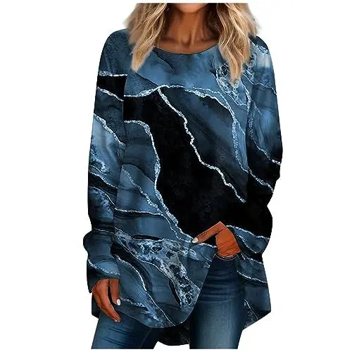 Produktbild: Damen Langarm Tshirt Tunika Longshirt Pullover Sweatshirt Farbblock Blusen & Tuniken Türkis XL