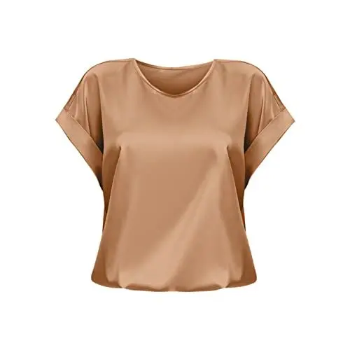 Produktbild: Tshirt Damen Sommer Satin Bluse Elegant V-Ausschnitt Seidenbluse Kurzarm Einfarbig Satinbluse Business Satin Hemd Casual Blusen Shirt Basic Solide Oberteile Modisch Lässiges Bequem (Khaki, S)