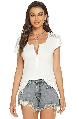 Produktbild: Tshirt Damen Sommer V Ausschnitt T Shirt Sexy Oberteil Damen Kurzarm T-Shirt Damen Einfarbig Reißverschluss Schulterkragen getäfelte Spitze Top Damen