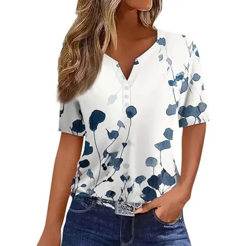 Produktbild: Damen Kurzarm Bluse Sommer Blusen Elegant Tshirt Große Größen Shirts Oversize Tunika Blau