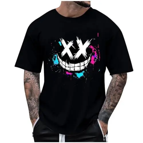 Produktbild: Tshirt Herren Sommer Herren-T-Shirt Oversized Shirt Mode Print T-Shirt Rundhals Coole Sommershirt Lockere Kurzarmshirt Lässig Longshirt Bequeme Schlafshirt 31 Schwarz XL