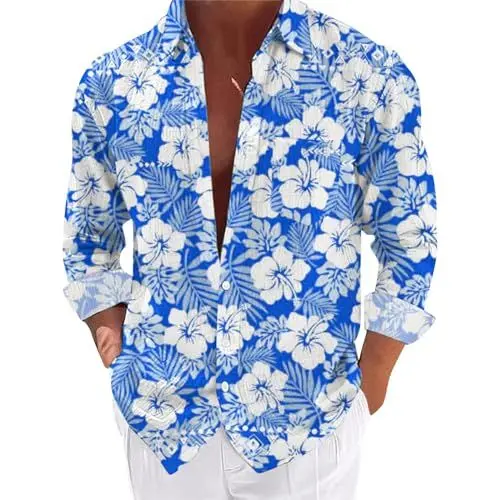 Produktbild: Hawaii Hemd Männer,Langarm Blumen Hemd Herren,Hawaiian Top Slim Fit Retro Sommerhemd Faltenfrei Urlaub Shirt Hawaii Hemd Strand Hemd Langarmhemd,Sommerhemd