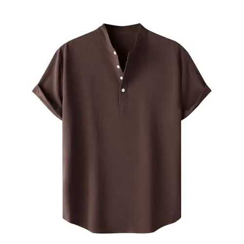 Produktbild: Tshirt Herren mit Knopfleiste Sommer Basic Stehkragenhemd Freizeit Tshirt Regular Fit Sommershirt Stehkragen Herren-T-Shirt Henley Shirt Einfarbig Sommerhemd Sale Braun XL