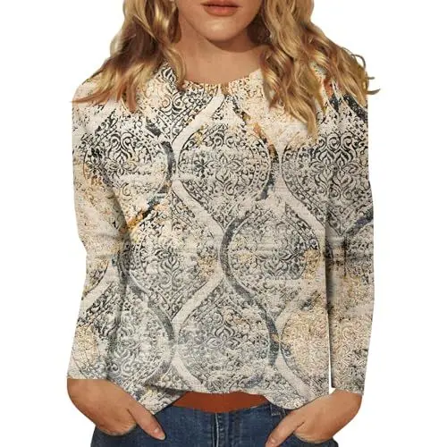 Produktbild: Tshirt Langarm Damen Basic Ethno Kleidung Damen Damen Oberteil Long Bluse Damen Lang Kurzarm Bluse Damen Langarm Blusenhemden Damen Oberteil Bluse Langärmeliges T-Shirt Shirt Bluse Damen