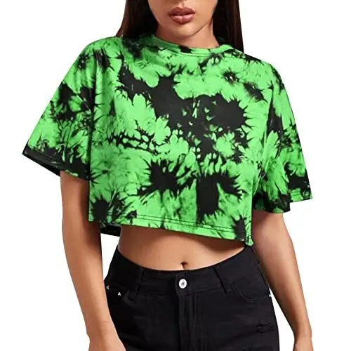 Produktbild: T-Shirts Damen Batik T-Shirt Rundhals Kurzarm T-Shirts Tie Dye Druck Crop Top Lässig Locker Kurz Tee Shirt Pullover Streetwear Schmaler Passform Y2K Top Casual Oberteile Sommertop (Green, L)