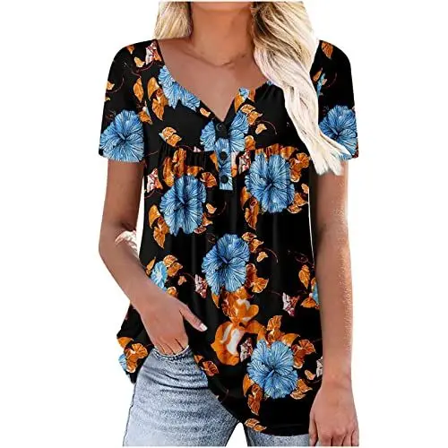 Produktbild: T-Shirts Damen, Damen Sommer Tunika Rundhals T-Shirts mit Blumendruck Lässige Kurzarmbluse Plissee Oberteile mit Rüschensaum, schwarze T-Shirts Damen Geschenke Damen 2023 Sweatshirt Tunika Pullover