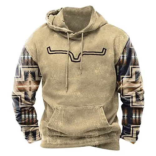 Produktbild: T-Shirts Herren aztekisch T Shirt Weich Kaputze Loungewear Kordelzug Mod Sweatshirt Herren Lange Ärmel Boxy Polyester Frühling Khaki Hoodie Herren