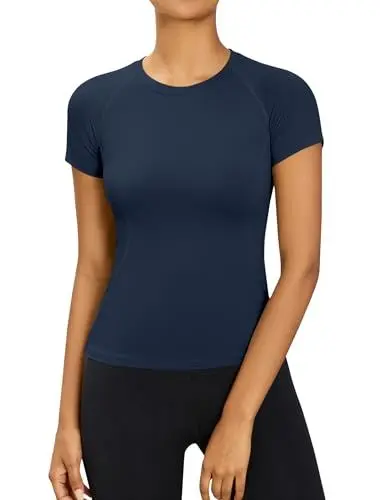 Produktbild: T-Shirts für Damen Kurzarm Sportshirt Gym Top Sport Oberteil Laufen Shirt Leicht Fitness Oberteil Rundhals Marineblau M