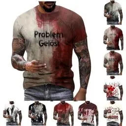 Produktbild: T-Shirts für Herren Halloween Kostüm Problem Gelöst Shirt Blutige Horror T Shirt Hässliche Tshirts mit Blood Gruselige Kleidung Rundhals Longshirt Warehouse Deal 01 Blutig 4XL