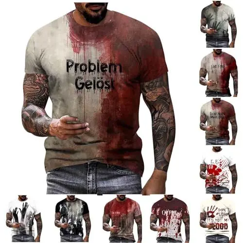 Produktbild: T-Shirts für Herren Halloween Kostüm Problem Gelöst Shirt Blutige Horror T Shirt Hässliche Tshirts mit Blood Gruselige Kleidung Rundhals Longshirt Warehouse Deal 01 Blutig 4XL