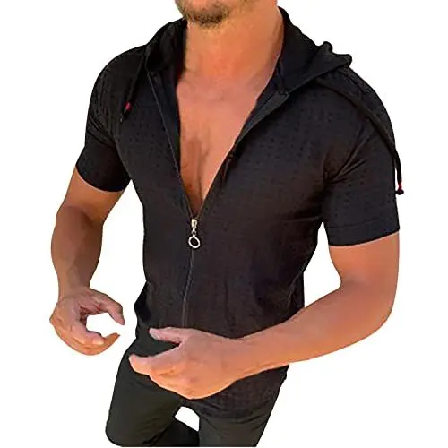 Produktbild: T-Shirts für Herren Kurzarm Hoodie Sommer T-Shirt Zipper Shirts mit Kapuze Kariertes Hoodies Leichte Kapuzenshirt Lässig Tshirts Basic Oberteile Casual Shirt Meine Bestellungen Schwarz XXL