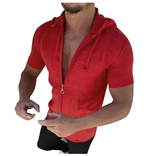 Produktbild: T-Shirts für Herren Kurzarm Hoodie Sommer T-Shirt Zipper Shirts mit Kapuze Kariertes Hoodies Leichte Kapuzenshirt Lässig Tshirts Basic Oberteile Casual Shirt Sale Angebote Rot L