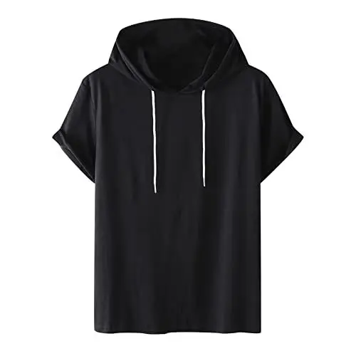 Produktbild: T-Shirts für Herren mit Kapuzen Sommer Tshirt Kurzarm Hoodie Ärmellose Hoodies Freizeit Kapuzenshirt Einfarbig Sweatshirt Oversize Hoody Männer Shirts Sale 01 Schwarz 4XL