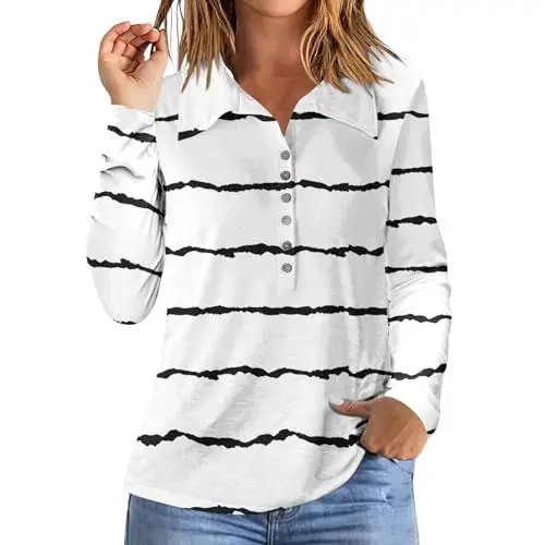 Produktbild: Tshirts Damens mit Druckknöpfen Longsleeve T-Shirts Gym Dünne Soft Soft Oberteile Frau V Ausschnitt Schönen Tunikas Frühling mit Print