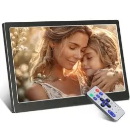 Produktbild: TSITSC 10 Zoll Digitaler Bilderrahmen mit Fernbedienung, Metall Elektronischer Bilderrahmen Kalender/Uhrfunktion/Musik/Foto-/Videoplayer, unterstützt USB/SD-Karte (Schwarz)