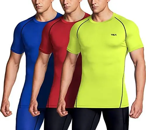 Produktbild: TSLA Herren Dri Fit Kompressionsunterwasche Athletischer Kurzarm T-Shirt, Mub20 3pack - Neon Yellow/Blue/Red, L