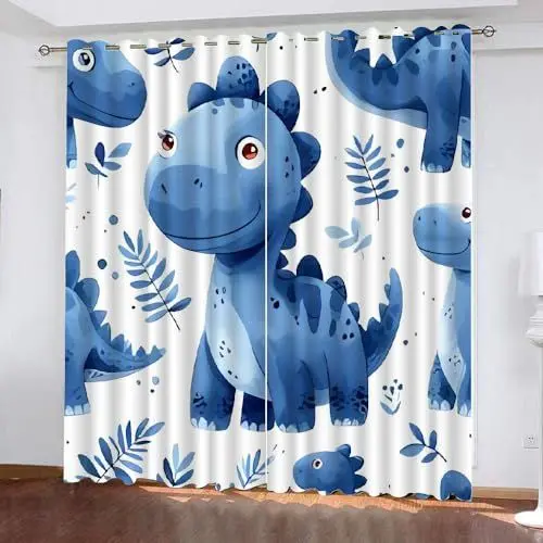 Produktbild: TSMMB Dinosaurier Verdunkelungsvorhänge Mit Ösen 2Er Set,Gardinen Blickdicht Kurz Mit Muster,Cartoon Dino Vorhang Kinderzimmer,Vorhang Wohnzimmer Schlafzimmer Modern Blau,140X120Cm(HxB),A5