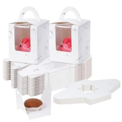 Produktbild: TsunNee 30 Stück Individuelle Cupcake-Boxen mit Griffen, Papier Bäckerei Boxen mit Fenster, Gebäck-Boxen behandeln Boxen für Weihnachten Baby-Dusche Hochzeit Party (Grauer Marmor, 9 x 9 x 11 cm)