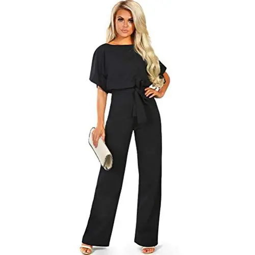 Produktbild: TSWRK Jumpsuit Damen Elegant Sommer Kurze Ärmel Playsuit Strand Höschen Overall Lang Romper, Schwarz, XL