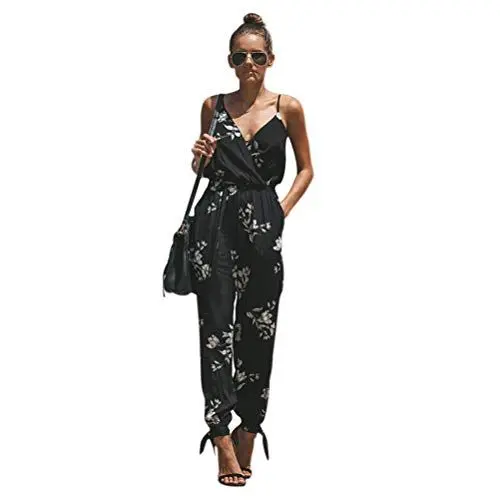 Produktbild: TSWRK Damen Jumpsuit V Ausschnitt Overall Blumen Ärmellos Playsuit Split Hosenanzug Romper Sommer