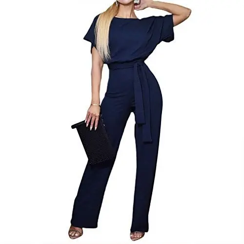 Produktbild: TSWRK Jumpsuit Damen Elegant festlich: Kurze Ärmel Jumpsuit Damen Sommer Playsuit Strand Höschen Overall Damen festlich Lang Romper Hosenanzug Damen Dunkelblau XL