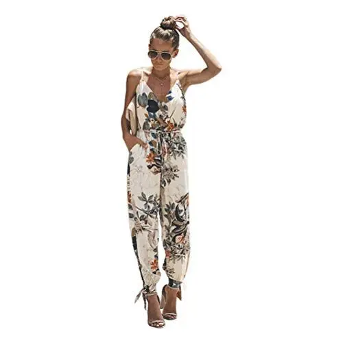 Produktbild: TSWRK Damen Jumpsuit V Ausschnitt Overall Blumen Ärmellos Playsuit Split Hosenanzug Romper Sommer