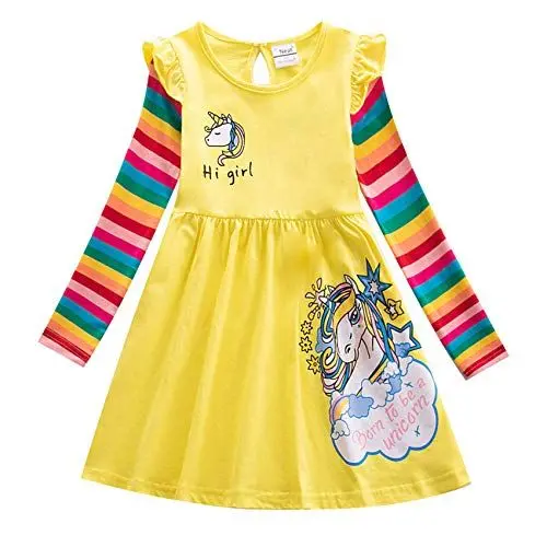 Produktbild: TSWRK Kleid Mädchen Prinzessinkleid Casual A-Linie Kleider Regenbogen Langarm Einhorn Print für 3-7Jahre