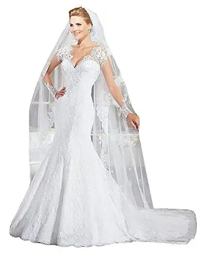 Produktbild: TSxuelian Damen Elegant Lange Ärmel Meerjungfrau Hochzeitskleid Spitze Applique Perlen Brautkleid Kleider, Elfenbeinfarben, 40