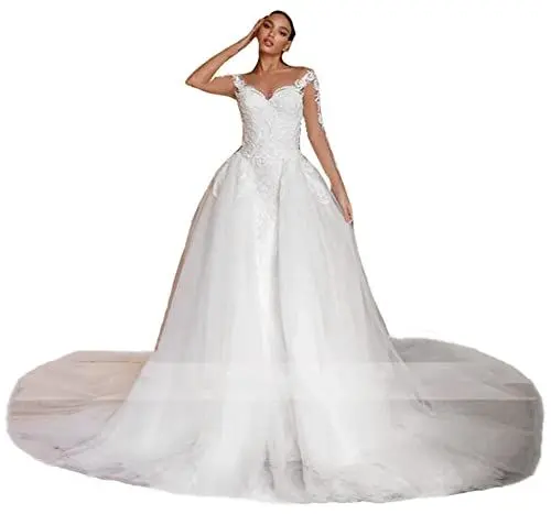 Produktbild: TSxuelian Damen Lange Ärmel Meerjungfrau Hochzeitskleid Spitze Applique Brautkleider mit Abnehmbarer Schleppe, elfenbeinfarben, 50