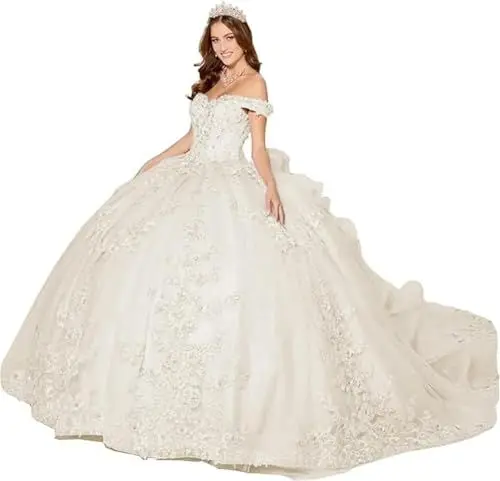 Produktbild: TSxuelian Damen Schulterfrei Spitze Applique Quinceanera Kleider mit Umhang Ballkleid 3D Blume Sweet 16 Kleid, elfenbeinfarben, 46