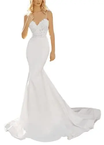 Produktbild: TSxuelian Damen Sexy Spaghettiträger Meerjungfrau Hochzeitskleider Satin Spitze Applique Brautkleid Kleid, elfenbeinfarben, 38
