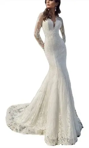 Produktbild: TSxuelian Damen Sexy V-Ausschnitt Langarm Meerjungfrau Hochzeitskleid Spitze Rückenfrei Brautkleider, elfenbeinfarben, 46