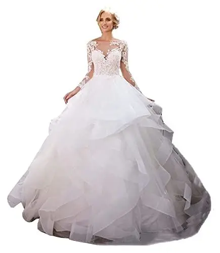 Produktbild: TSxuelian Damen Spitze Lange Ärmel Brautkleider Gestuftes Rüschen Brautkleid Kleid, elfenbeinfarben, 48