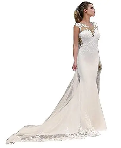 Produktbild: TSxuelian Damen Spitze Meerjungfrau Boho Strand Hochzeitskleid Ärmellos Lang Brautkleid Kleid, elfenbeinfarben, 42