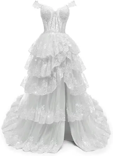 Produktbild: TSxuelian Damen Spitze Tüll Stufenkleid Ballkleid Langer Schlitz Schulterfrei Funkelnd Formell Abend Party Kleider, elfenbeinfarben, 44