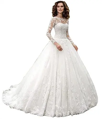 Produktbild: TSxuelian Damen Sweetheart Neck Lange Ärmel Brautkleid A Linie Spitze Brautkleid Kleider Zug, elfenbeinfarben, 48