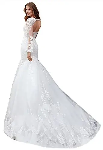 Produktbild: TSxuelian Damen V-Ausschnitt Spitze Applique Meerjungfrau Brautkleid mit Puffärmeln Lange Brautkleid Kleider, elfenbeinfarben, 40