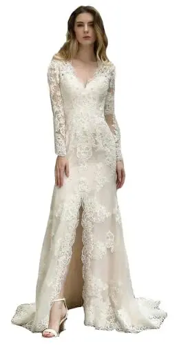 Produktbild: TSxuelian Damen V Ausschnitt Lange Ärmel Meerjungfrau Brautkleid mit Split Spitze Brautkleid Kleider, elfenbeinfarben, 46