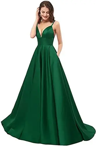 Produktbild: TSxuelian Damen V Ausschnitt Spaghettiträger Ballkleid Satin A Linie Formale Abendkleider mit Taschen, smaragdgrün, 42
