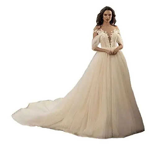 Produktbild: TSxuelian Schulterfreies Damenkleid mit A-Linie, Bohe Hochzeitskleider, Spitzenapplikation, Tüll, Brautkleid, elfenbeinfarben, 50