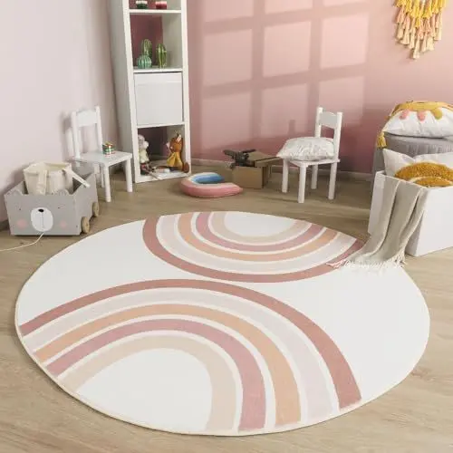 Produktbild: TT Home Babyzimmer Teppich Rund Kinderzimmer Waschbar Regenbogen Sonne, Farbe:Rosa Beige Pink, Größe:120 cm Rund