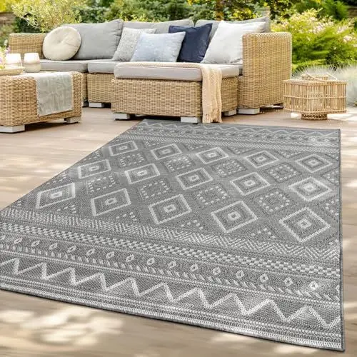 Produktbild: TT Home In-& Outdoor Teppich Wetterfest Balkon Küche Wohnzimmer Boho Rauten Design, Farbe: Grau 2, Größe:80x150 cm